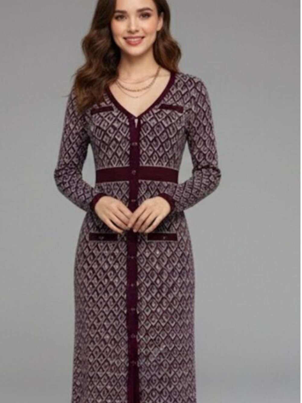 Burgundy Button Front Pattern Sweater Dress